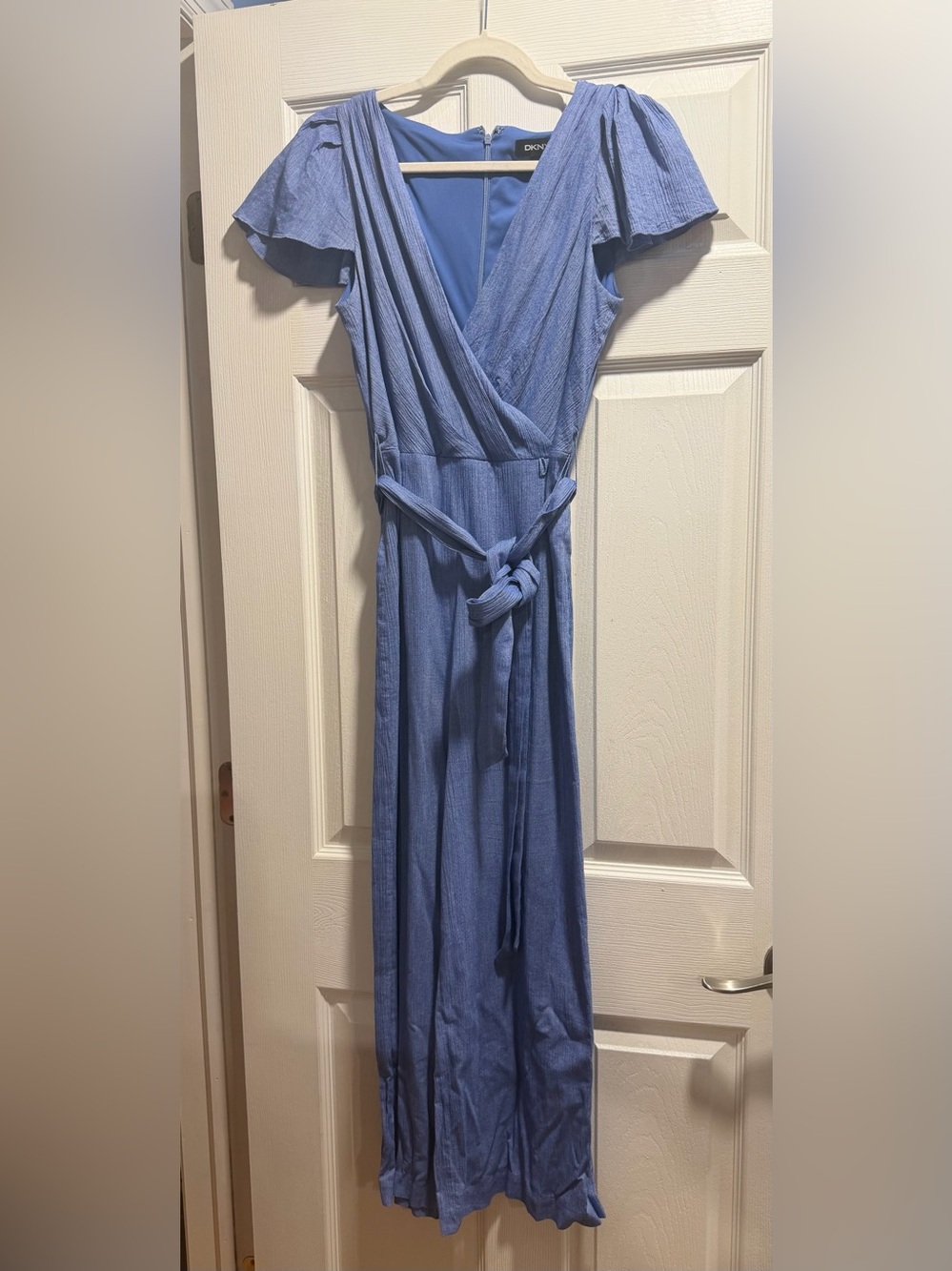 DKNY light blue jumpsuit V neck flutter sleeve 8
